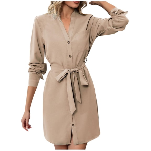 MaFYtyTPR Women Long Sleeve Dress Fall And Winter Button Pocket V-neck Belt Knee-length Belt Shirts Dresses Khaki L