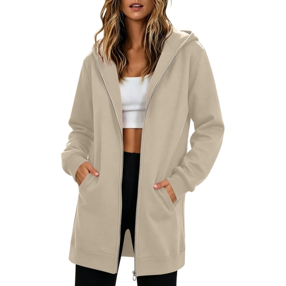 MaFYtyTPR Women Longline Zip Up Hoodies Oversized Fleece Jacket with Pockets Casual Fall Long Sweatshirts Outerwear A-Beige L