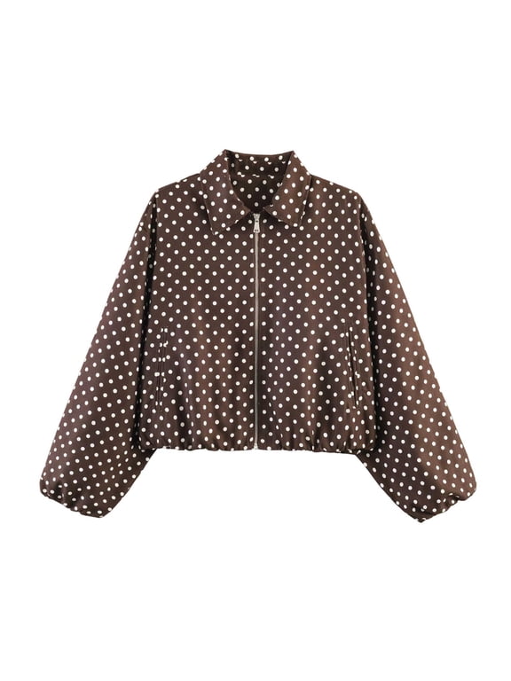 Women Loose Casual Jacket Polka Dot Collared Zip Up Bubble Cuff Cropped Jackets for Fall Winter Daily Street Wear A-Brown M