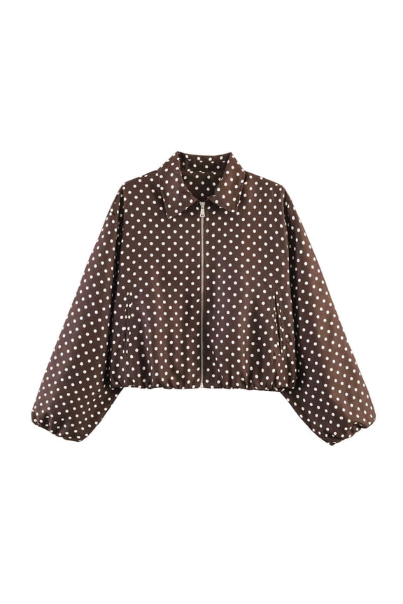Women Loose Casual Jacket Polka Dot Collared Zip Up Bubble Cuff Cropped Jackets for Fall Winter Daily Street Wear A-Brown M