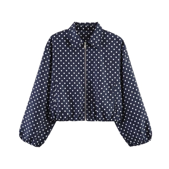 MaFYtyTPR Women Loose Casual Jacket Polka Dot Collared Zip Up Bubble Cuff Cropped Jackets for Fall Winter Daily Street Wear A-Navy XL
