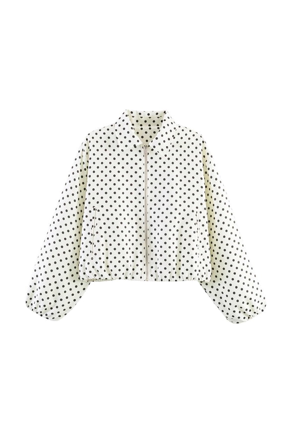 Women Loose Casual Jacket Polka Dot Collared Zip Up Bubble Cuff Cropped Jackets for Fall Winter Daily Street Wear A-White XS