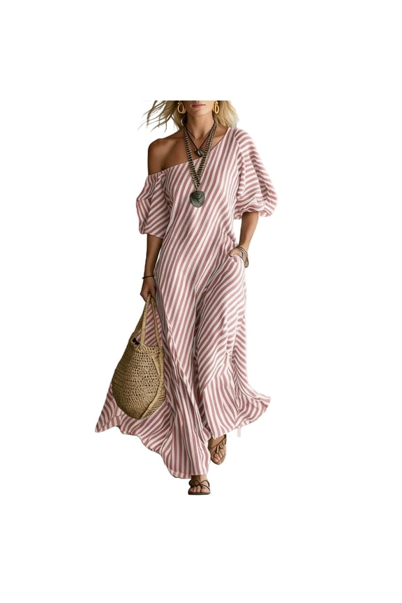 Women Loose Striped Dress Fashion Asymmetrical One Shoulder Puff Sleeve Loose Casual Maxi Dress with Pocket Pink XXXL