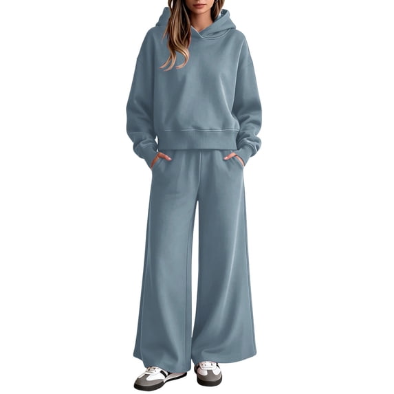 MaFYtyTPR Women Oversized 2 Piece Sweatsuits Outfit Hooded Pullover Sweatshirt and Wide Leg Sweatpants with Pockets Comfy Tracksuit Set A-Blue L