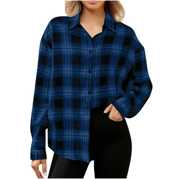 MaFYtyTPR Women Plaid Shirts Tops Autunm And Winter Checked Printed Long Sleeve Turn-down Collar Button Outwear Blue L