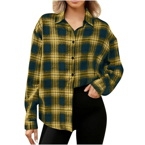 MaFYtyTPR Women Plaid Shirts Tops Autunm And Winter Checked Printed Long Sleeve Turn-down Collar Button Outwear Yellow L