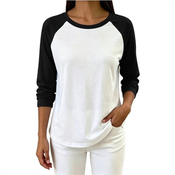 MaFYtyTPR Women Raglan Long Sleeve Crew Neck T-Shirt Color Block Loose Casual Basic Tee for Spring Fall Daily Wear Black L
