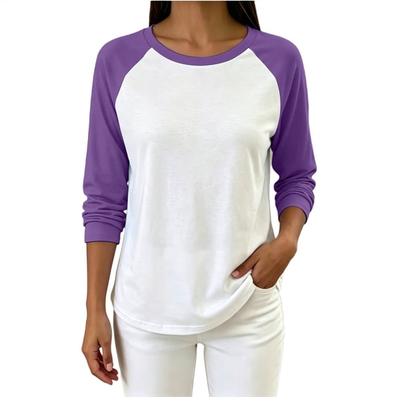 MaFYtyTPR Women Raglan Long Sleeve Crew Neck T-Shirt Color Block Loose Casual Basic Tee for Spring Fall Daily Wear Purple L