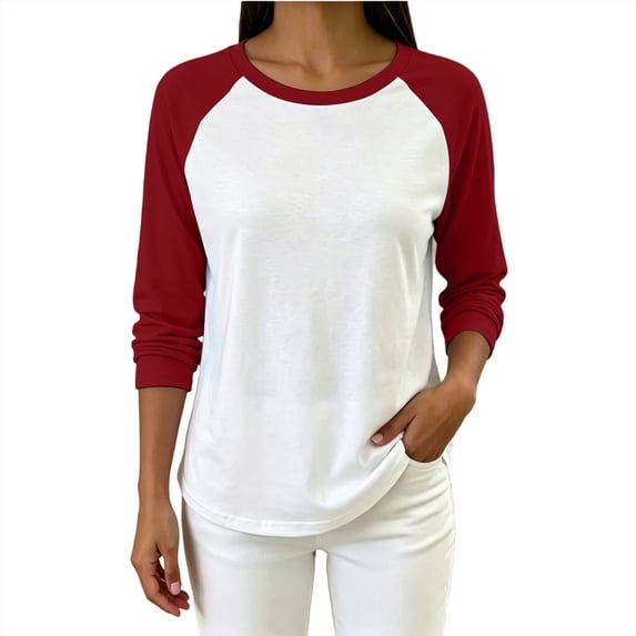 MaFYtyTPR Women Raglan Long Sleeve Crew Neck T-Shirt Color Block Loose Casual Basic Tee for Spring Fall Daily Wear Red XXL