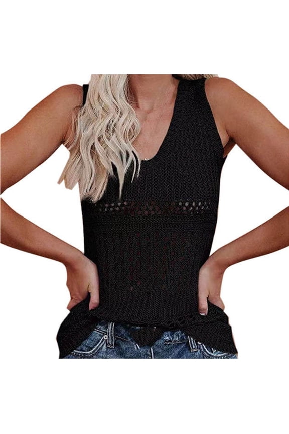 Women Sleeveless Shirts Trendy V-Neck Solid Color Hollow Out Camisole Kinted Loose Casual Tops Black XL