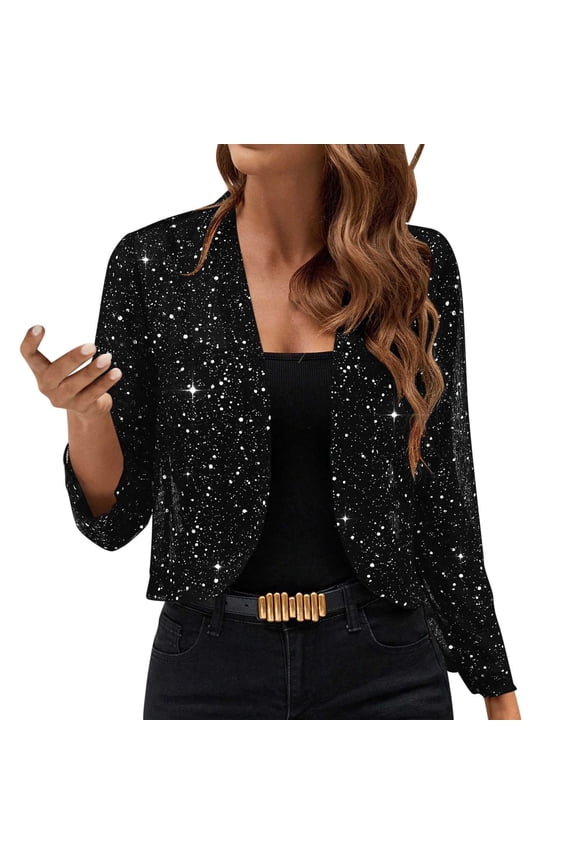 Women Sparkly Sequin Cardigan Open Front Cropped Jacket Long Sleeve Evening Outerwear for Cocktail Party A-Black L