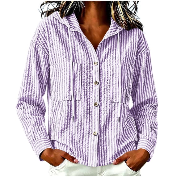MaFYtyTPR Women Striped Hoodies Fashion Button Long Sleeve Casual Blouse Sun Protection Hooded Top for Women A-Purple M
