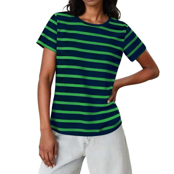 MaFYtyTPR Women Striped T-Shirt Summer Fashion Casual Short Sleeve Crew Neck Loose Versatile Tops Green S