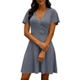 thumbnail image 1 of MaFYtyTPR Women Summer V-Neck Dress Casual Solid Color Short Sleeve Ruffled Loose Fit Mini Dress Womens Beach Flutter Sleeve Dresses A-Gray M, 1 of 6