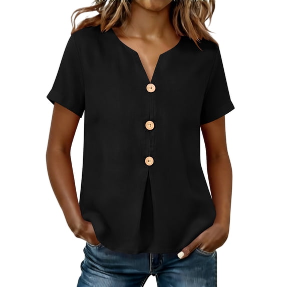 MaFYtyTPR Women Summer V-Neck Shirts Solid Color Cotton Linen Fashionable Button Loose Comfortable Tops A-Black M