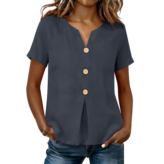 MaFYtyTPR Women Summer V-Neck Shirts Solid Color Cotton Linen Fashionable Button Loose Comfortable Tops A-Gray XXL