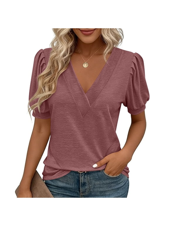 Women V-Neck T-Shirts Summer Solid Color Short Sleeve Loose Puff Sleeve Casual Comfortable Tops A-Purple L
