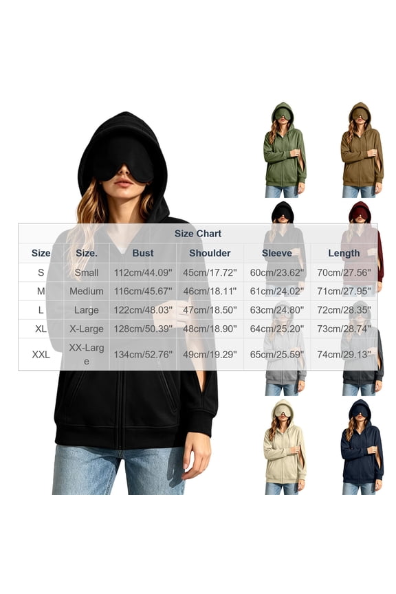 Women Zip Up Hoodie Jacket With Built In Eye Mask Cut Out Long Sleeve Sweatshirt With Front Pockets Casual Loose Travel Outerwear A-Coffee S