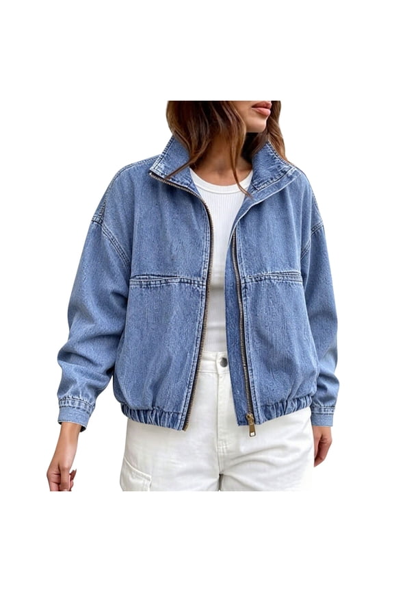 Women Zip Up Denim Jacket Drop Shoulder Long Sleeve Bomber Coat with Elastic Hem Casual Washed Jean Outerwear A-Light Blue XXL