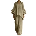 thumbnail image 1 of MaFYtyTPR Women's 2 Piece Outfit Sets Ruffled Sleeve Collared V-Neck Top and Wide Leg Pants Set Loose Fit Cotton Linen Suits A-Khaki M, 1 of 5