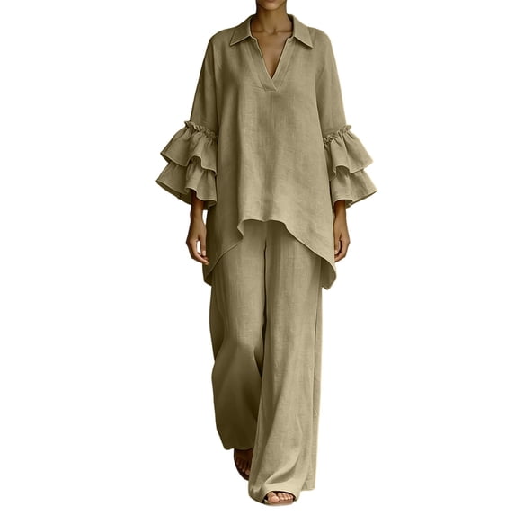 MaFYtyTPR Women's 2 Piece Outfit Sets Ruffled Sleeve Collared V-Neck Top and Wide Leg Pants Set Loose Fit Cotton Linen Suits A-Khaki M
