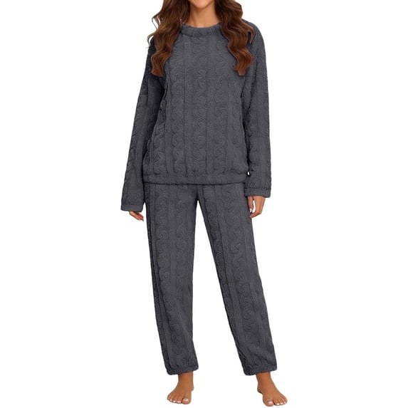 MaFYtyTPR Women's 2 Piece Pajama Suits Winter Thick Flannel Warm Pajama Set Solid Color Loose Thermal And Casual Home Clothes Dark Gray M