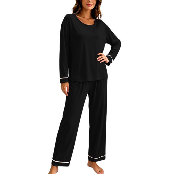 MaFYtyTPR Women's 2 Piece Sleepwear Set Long Sleeve Crewneck Top and Elastic Waist Lounge Pants Soft Loungewear for Fall Winter Daily A-Black M