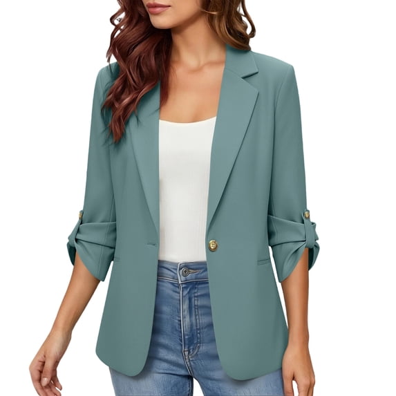 MaFYtyTPR Women's 3/4 Sleeve Lapel Blazer Solid Color One Button Business Open Front Office Jacket with Pockets Green S
