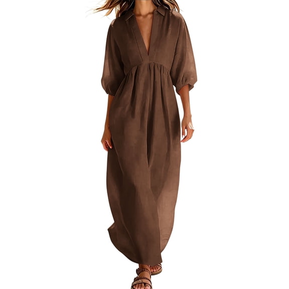 MaFYtyTPR Women's 3/4 Sleeve Maxi Dress Turn Down Collar V-Neck Puff Sleeved Loose Linen Sundress For Summer Daily Wear A-Coffee S