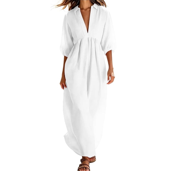 MaFYtyTPR Women's 3/4 Sleeve Maxi Dress Turn Down Collar V-Neck Puff Sleeved Loose Linen Sundress For Summer Daily Wear A-White M