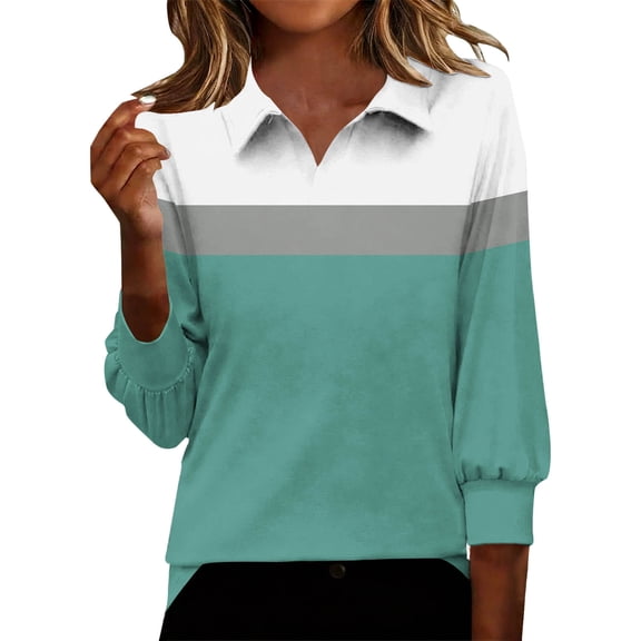 MaFYtyTPR Women's 3/4 Sleeve Top Color Blocking Simplicity Casual Lapel Collar Loose Trendy Blouse Z-Green L