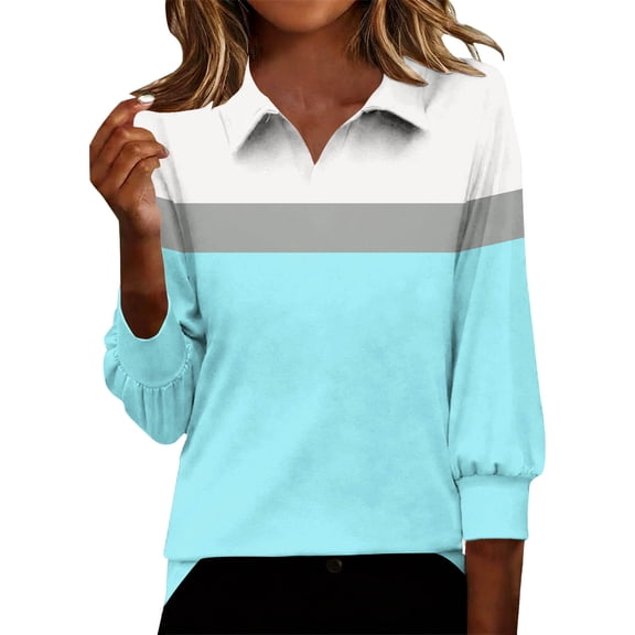 MaFYtyTPR Women's 3/4 Sleeve Top Color Blocking Simplicity Casual Lapel Collar Loose Trendy Blouse Z-Light Blue L