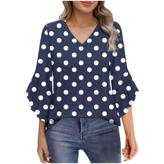 MaFYtyTPR Women's Summer 3/4 Sleeve Tops Casual Polka Dots Printed V-Neck Petal Sleeve Comfortable Loose Blouse Z-Blue L