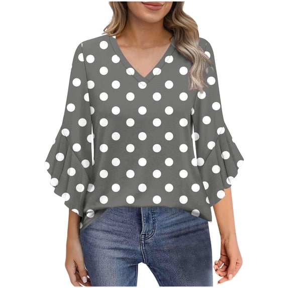 MaFYtyTPR Women's Summer 3/4 Sleeve Tops Casual Polka Dots Printed V-Neck Petal Sleeve Comfortable Loose Blouse Z-Gray XL