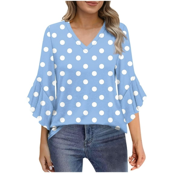 MaFYtyTPR Women's Summer 3/4 Sleeve Tops Casual Polka Dots Printed V-Neck Petal Sleeve Comfortable Loose Blouse Z-Light Blue XXL