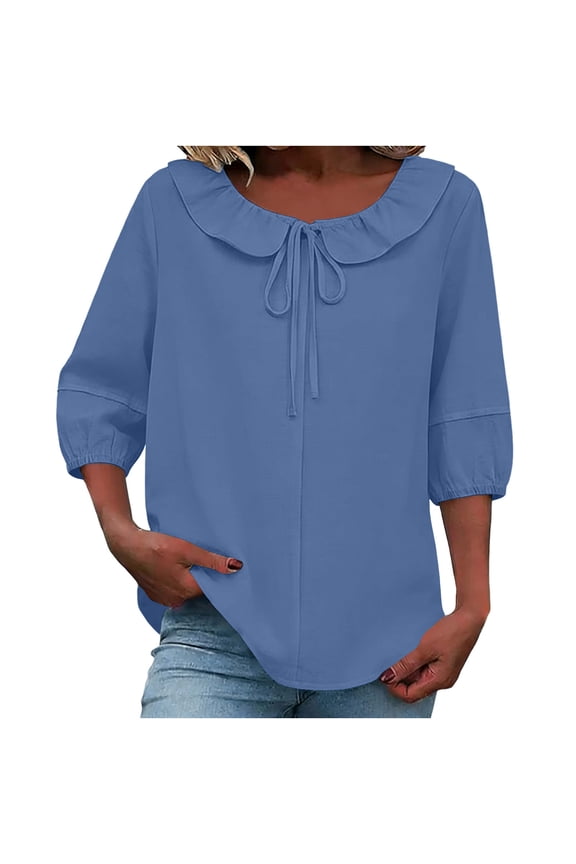 Women's 3/4 Sleeve Tops Spring Summer Ruffle Puff Sleeve Drawstring Linen Solid Color Blouses Light Blue L