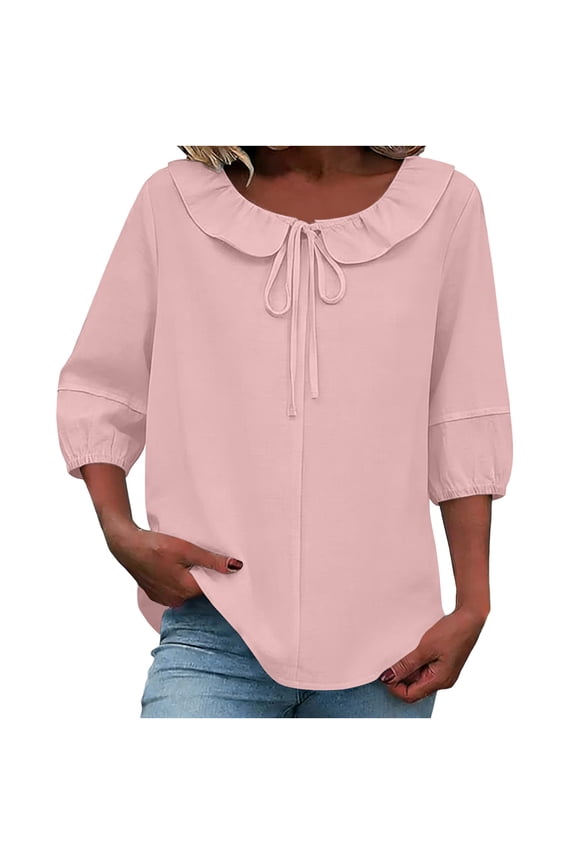 Women's 3/4 Sleeve Tops Spring Summer Ruffle Puff Sleeve Drawstring Linen Solid Color Blouses Pink XXL