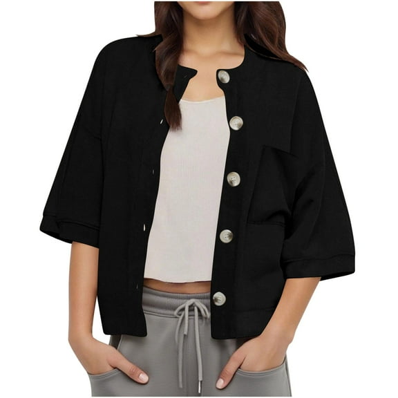 MaFYtyTPR Women's 3/4 Sleeves Cardigan Tops Fashion Solid Casual Button Down Pockets Cardigan Outwear Top Black M