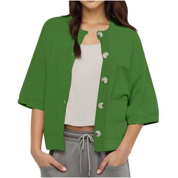 MaFYtyTPR Women's 3/4 Sleeves Cardigan Tops Fashion Solid Casual Button Down Pockets Cardigan Outwear Top Green M