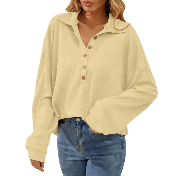 MaFYtyTPR Shirts for Women Fashion Casual Solid Color Lapel Collar Button Loose Long Sleeve Tops Yellow S