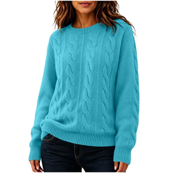 MaFYtyTPR Women's Cable Knit Sweater Crew Neck Long Sleeve Pullover Sweaters Solid Winter Warm Casual Loose Fit Top