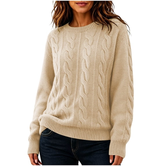 MaFYtyTPR Women's Cable Knit Sweater Crew Neck Long Sleeve Pullover Sweaters Solid Winter Warm Casual Loose Fit Top
