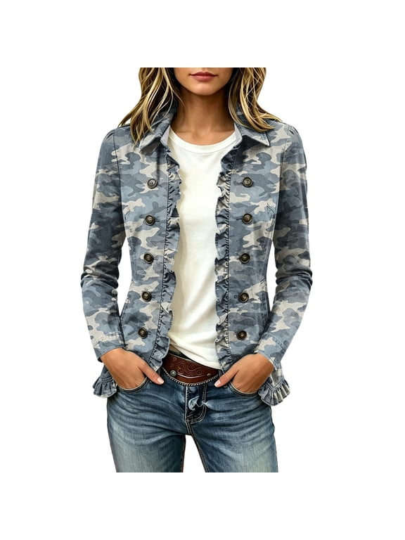 Women's Camo Print Jacket Lapel Collar Double Breasted Ruffle Trim Long Sleeve Open Front Coat for Fall Daily Wear