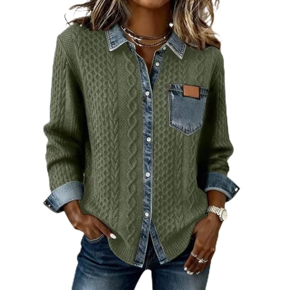 MaFYtyTPR Women's Cardigan Jacket Fall Winter Denim Patchwork Versatile Shirts for Fall Winter Daily Wear Army Green L