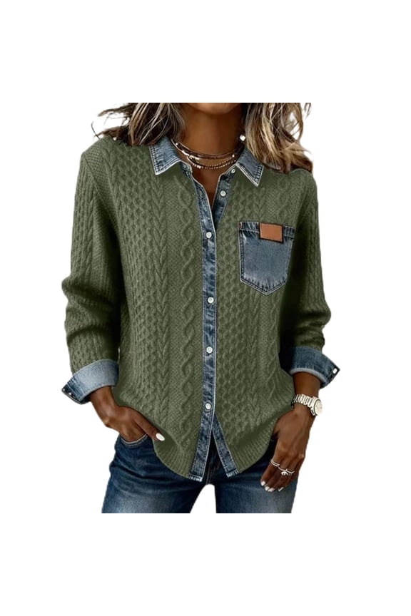 Women's Cardigan Jacket Fall Winter Denim Patchwork Versatile Shirts for Fall Winter Daily Wear Army Green S