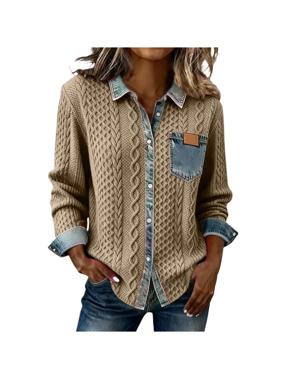 Women's Cardigan Jacket Fall Winter Denim Patchwork Versatile Shirts for Fall Winter Daily Wear Khaki XXL