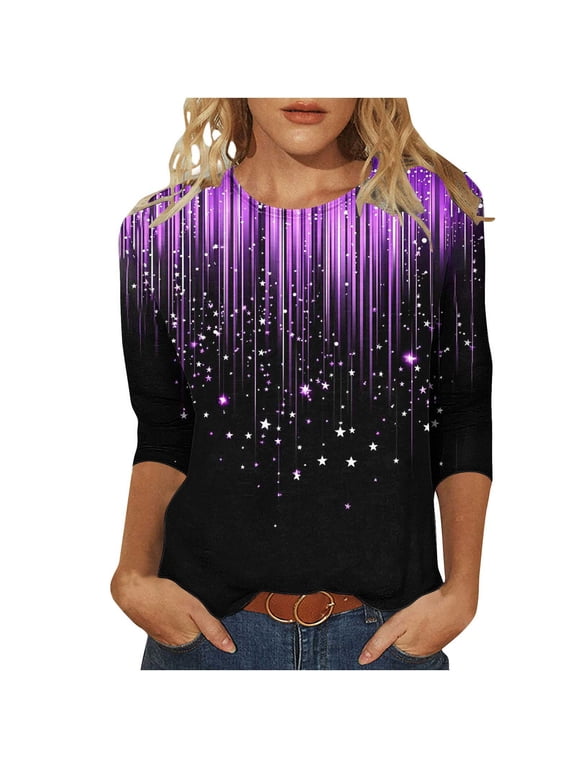 Women's Casual 3/4 Sleeve T-Shirts Fashion Floral Print Basic Blouses Loose and Breathable Tops ZB-Black XL