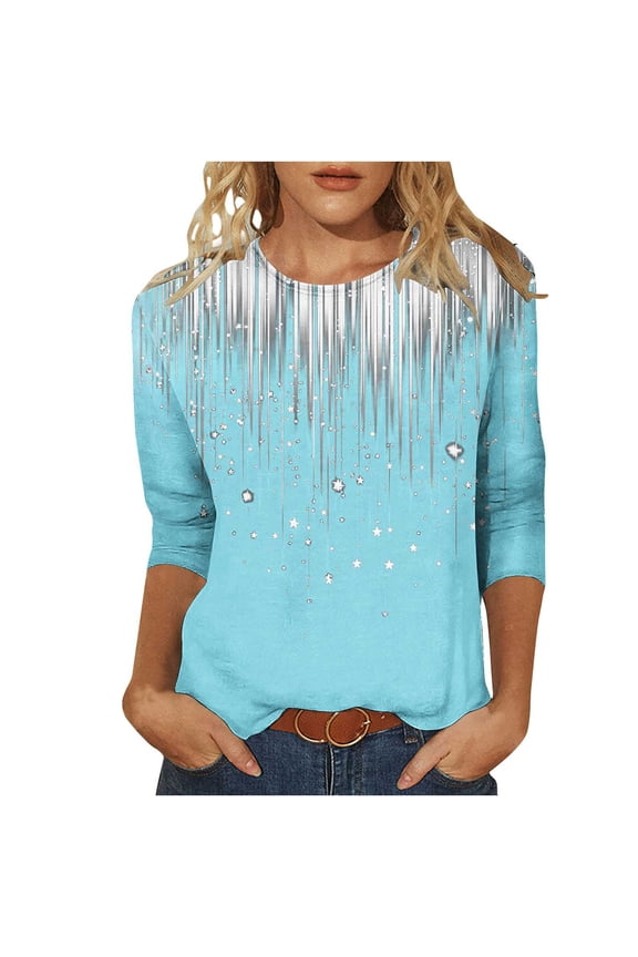 Women's Casual 3/4 Sleeve T-Shirts Fashion Floral Print Basic Blouses Loose and Breathable Tops ZB-Sky Blue M
