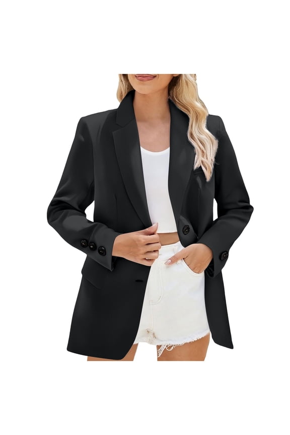 Women's Casual Blazer Women Solid Color Button Pocket Long Sleeved Turndown Collar Suit Jacket Black S