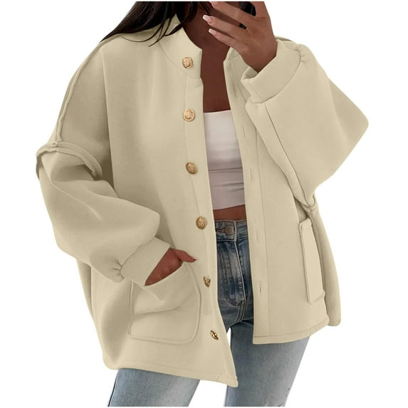 MaFYtyTPR Women's Casual Button Jackets Solid Color Fall Winter Lantern Shoulder Long Sleeved Stand Up Collar Loose Outerwear Tops with Pocket Khaki M